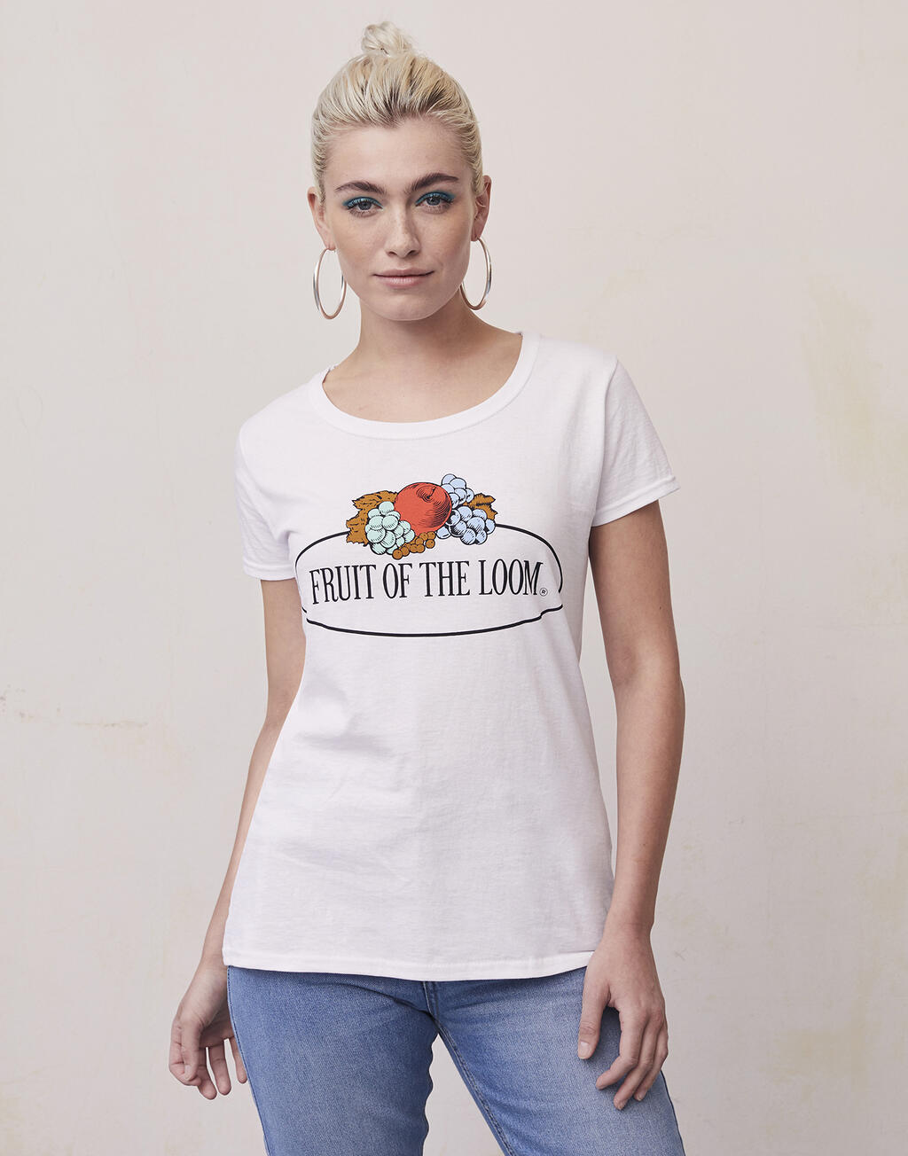  Fruit of the Loom Camiseta Vintage mujer logo grande impreso