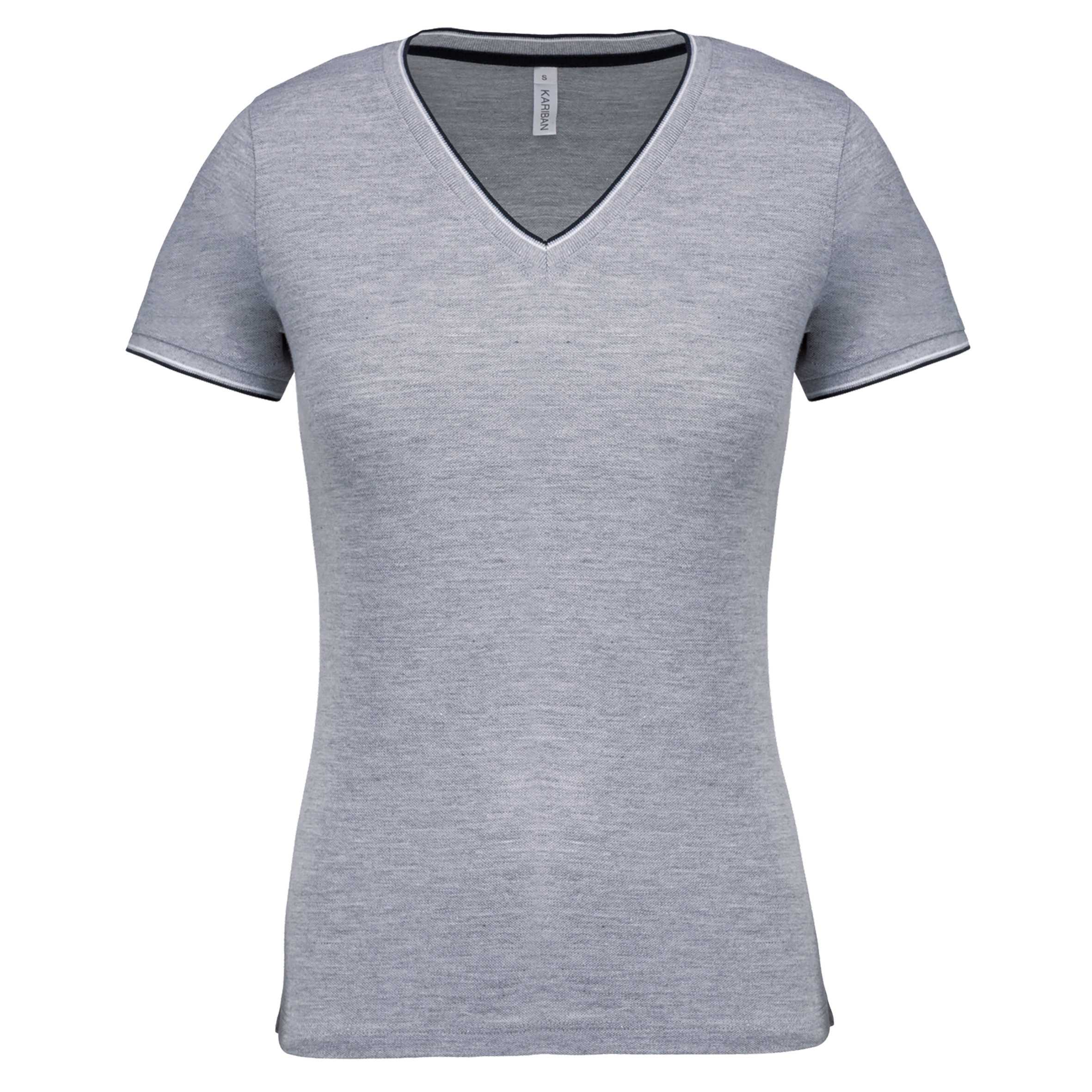 Camiseta de punto piqué con cuello de pico mujer Oxford Grey / Navy / White